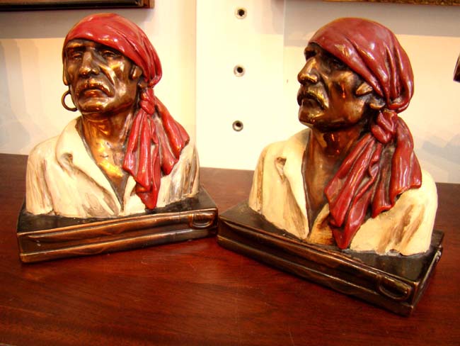 A wonderful pair of Buccaneer head bookends made by The Armor Bronze Co., circa 1928